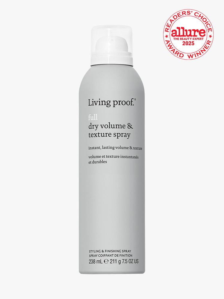 Living Proof Full Dry Volume & Texture Spray in branded component on a light gray background with white and red Allure Readers' Choice Award seal in the top right corner