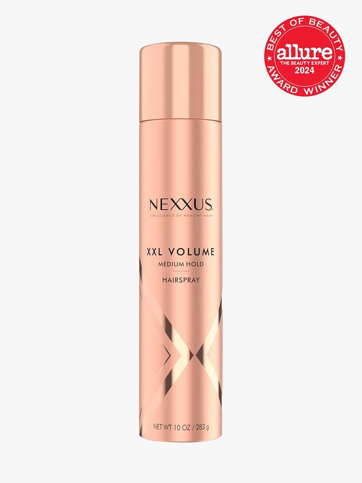 hair spray in branded rose gold bottle with cap on light gray background with red and white 2024 allure best of beauty seal