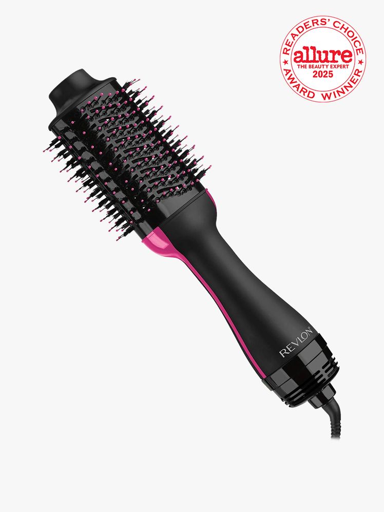 Revlon One-Step Hair Dryer and Volumizer in branded component on a light gray background with white and red Allure Readers' Choice Award seal in the top right corner