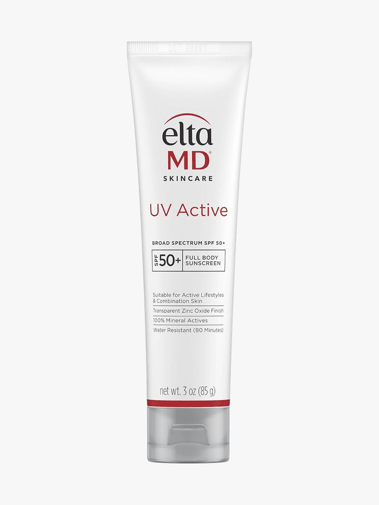 EltaMD UV Active BroadSpectrum SPF 50 in branded component on a light gray background