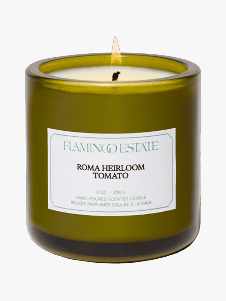 Flamingo Estate Roma Heirloom Tomato Candle in branded component on a light gray background