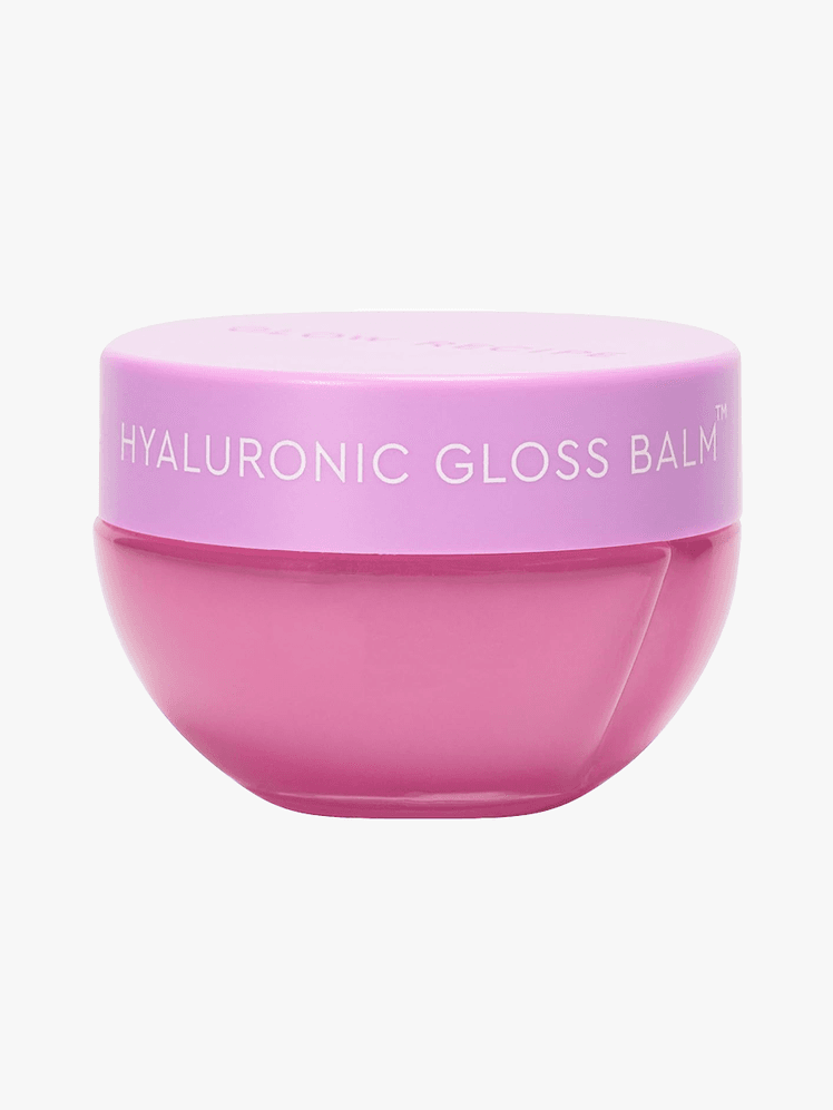 Glow Recipe Plum Plump Hyaluronic Gloss Balm in purple branded tub component with pink cap on a light gray background