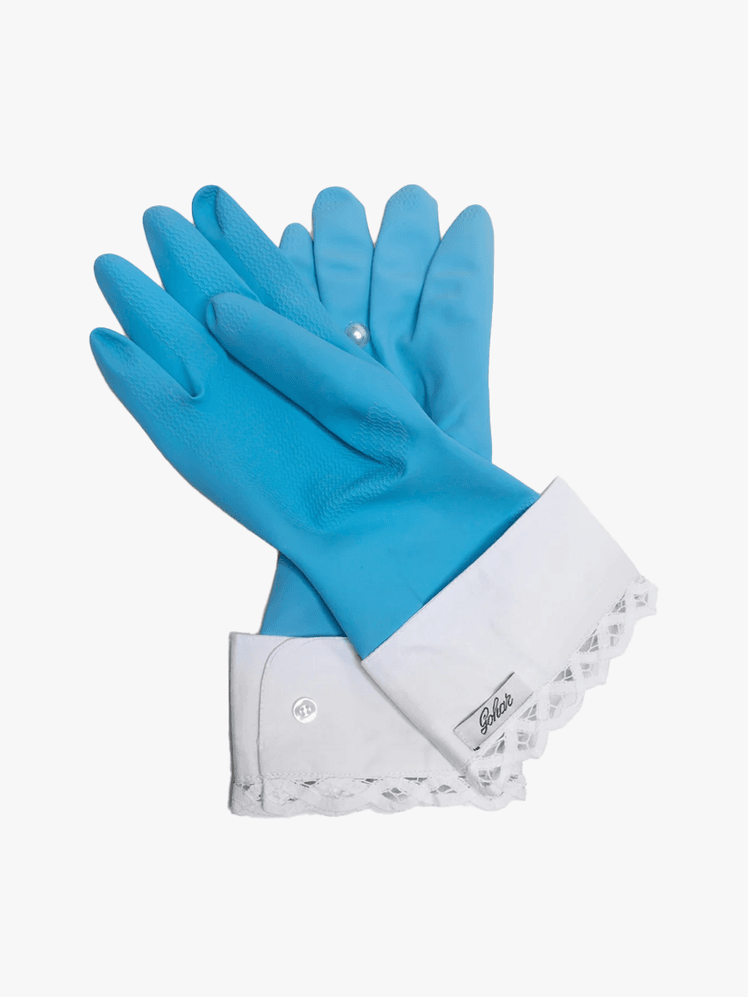 Gohar World Blue rubber gloves with pearl and white trim