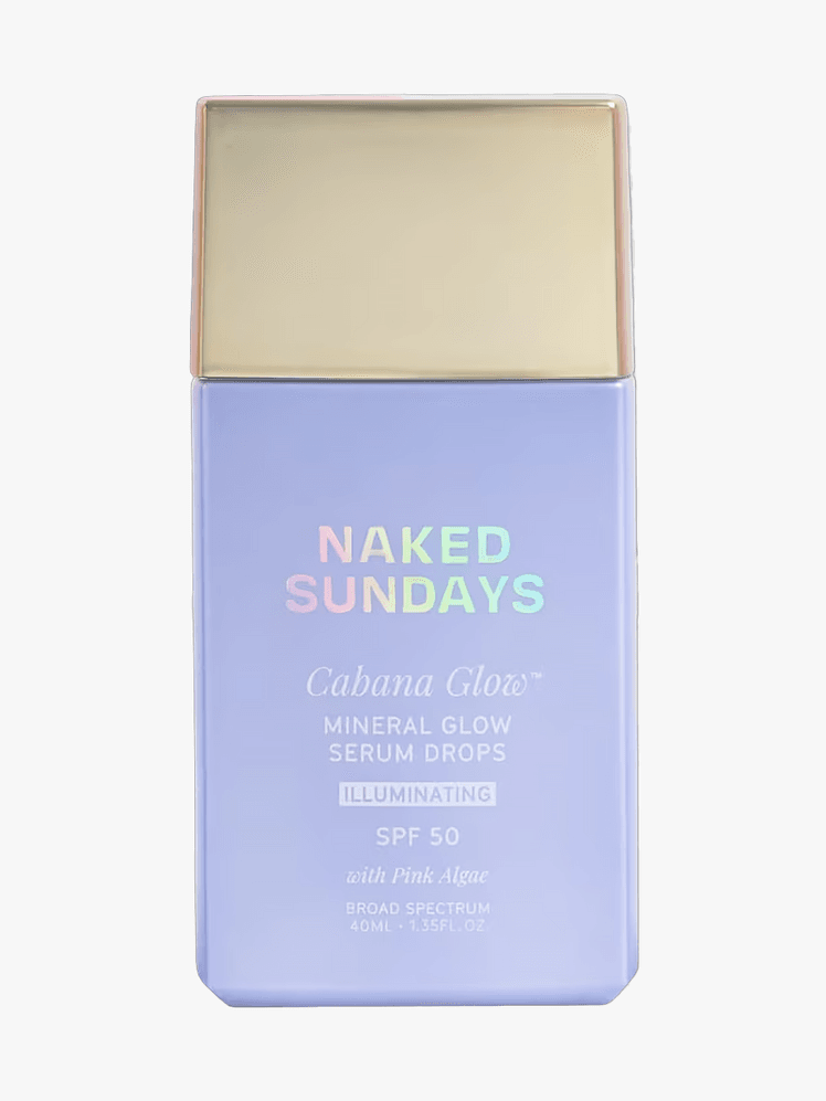Naked Sundays CabanaGlow™ SPF50 Mineral Glow Serum Drops in purple branded component with gold cap on a light gray...